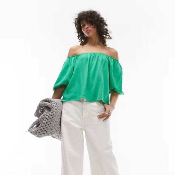 Topshop Bardot Off-Shoulder Short Sleeve Blouse Sz 6 Green - Picture 12 of 13